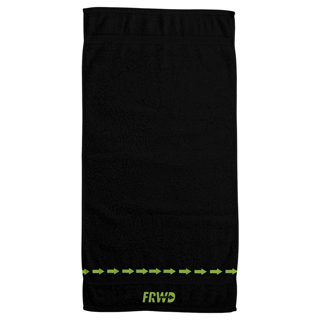 Black towel with green logo and text on a white background