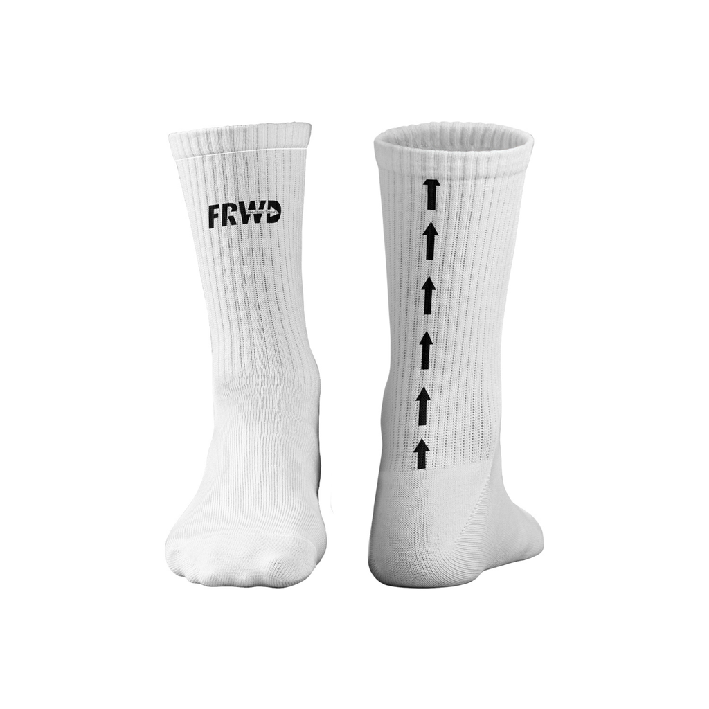 White socks with black text and arrows on a white background
