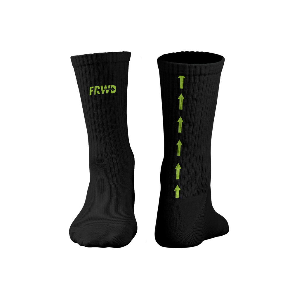 Black socks with green text and arrows on a white background