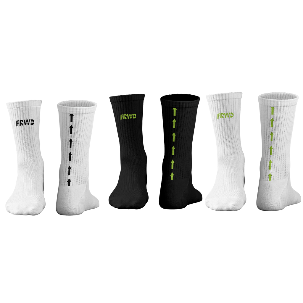 Set of six socks with 'FRWD' branding on a white background