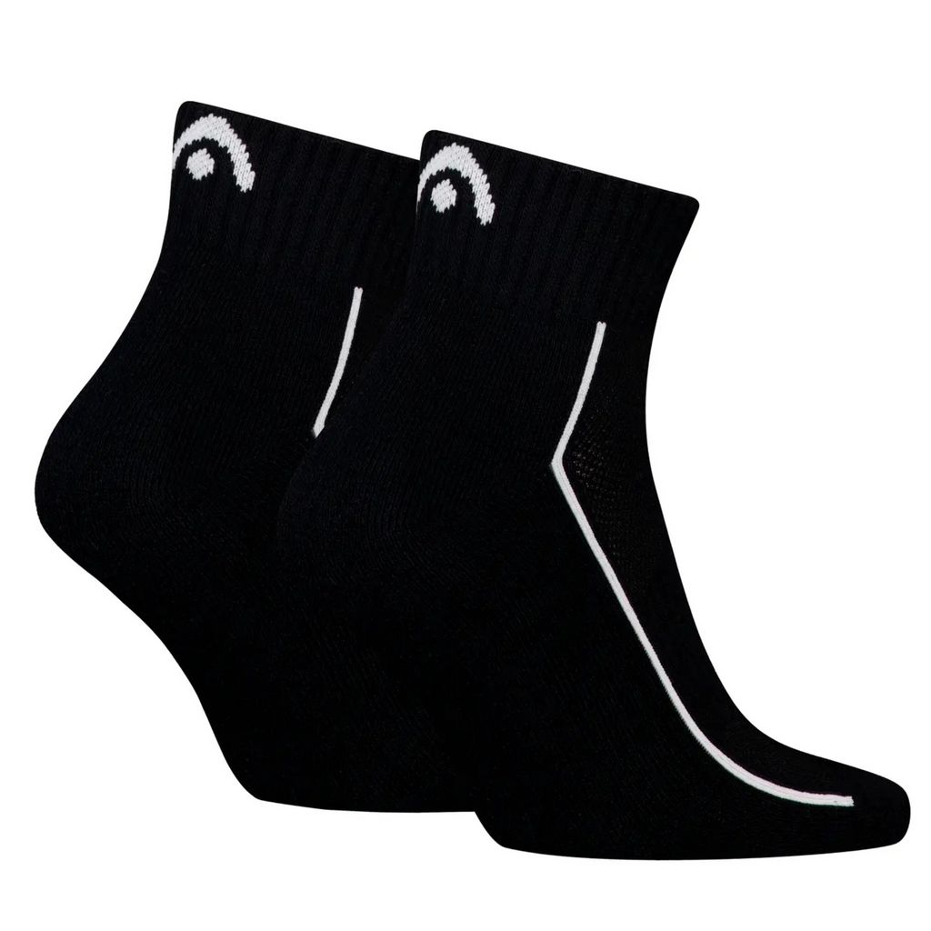Two black socks with white accents on a white background